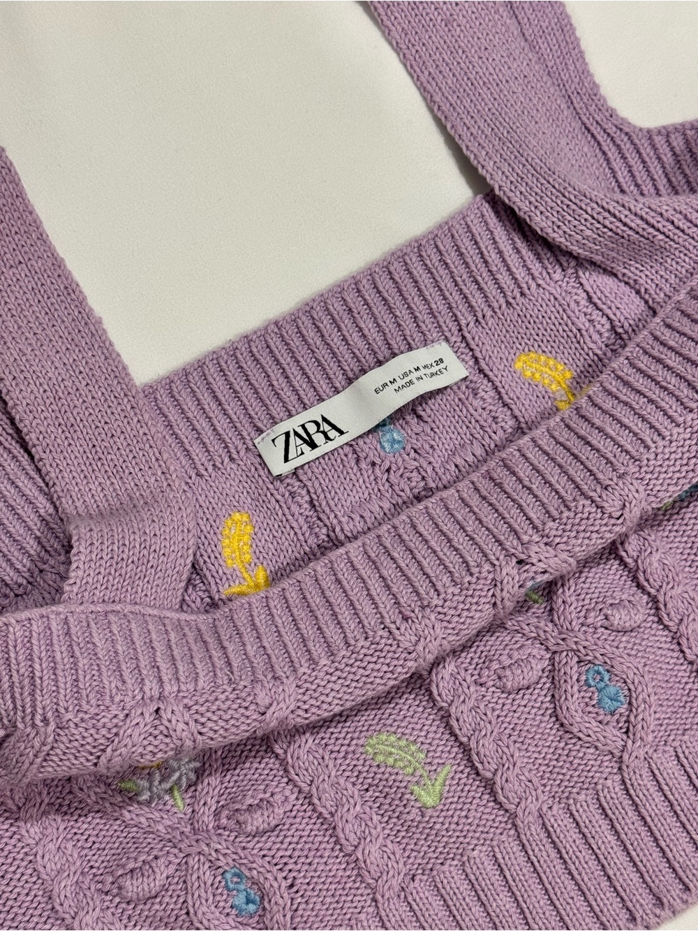 ZARA Lilac Cable Knit Cropped Sweater Tank Embroidered Flowers Boho Cottagecore - Picture 3 of 7